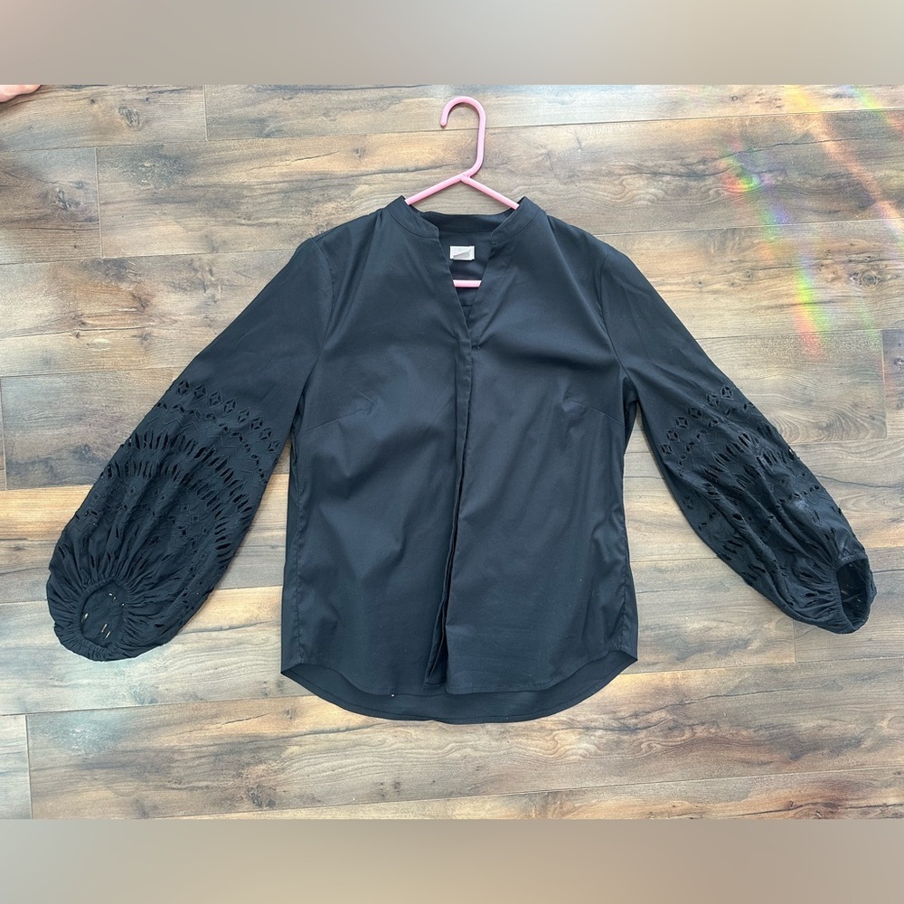 Chico’s Black Statement Sleeve Blouse Size 1 (M/L) • Eyelet Balloon Sleeves